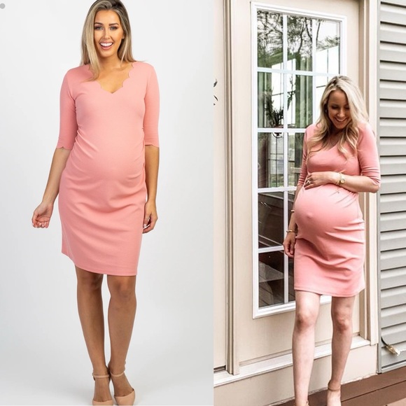 PinkBlush Peach Solid Scalloped Trim Fitted Maternity Dress - Picture 2 of 9
